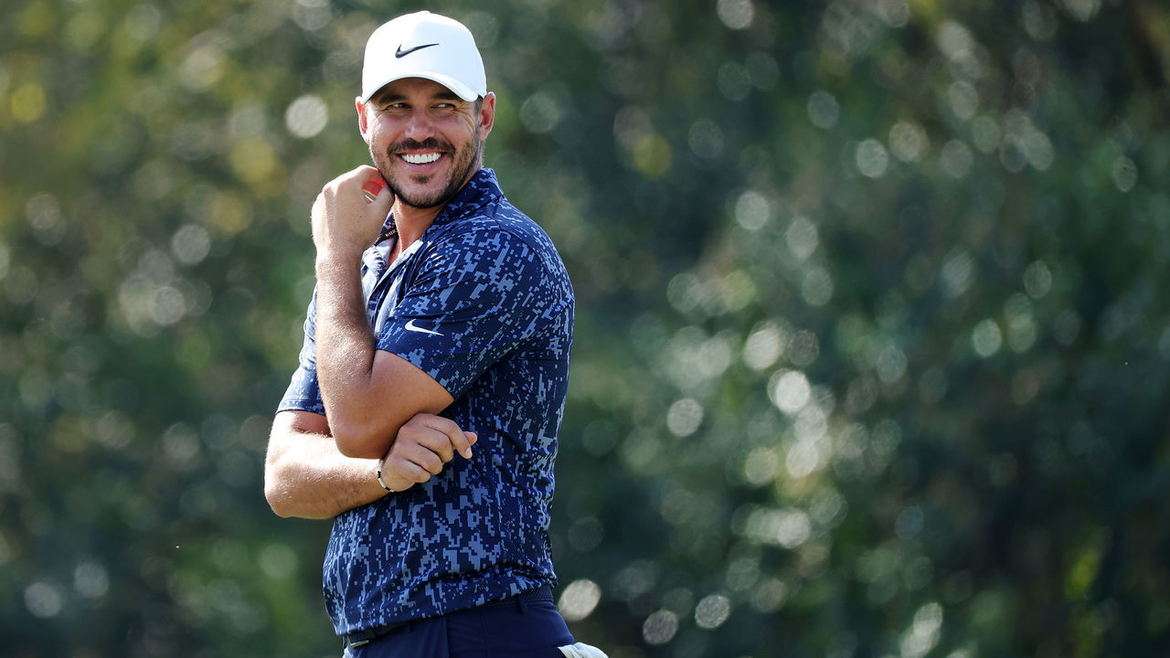 HOUSTON, TEXAS - NOVEMBER 12: Brooks Koepka reacts on the seventh hole during the second round of the Houston Open at Memorial Park Golf Course on November 12, 2021 in Houston, Texas.