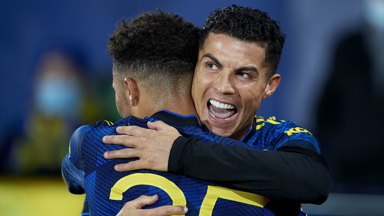Cristiano Ronaldo of Manchester United celebrates after scoring his sides first goal during the UEFA Champions League group F match between Villarreal CF and Manchester United at Estadio de la Ceramica on November 23, 2021 in Villarreal, Spain.