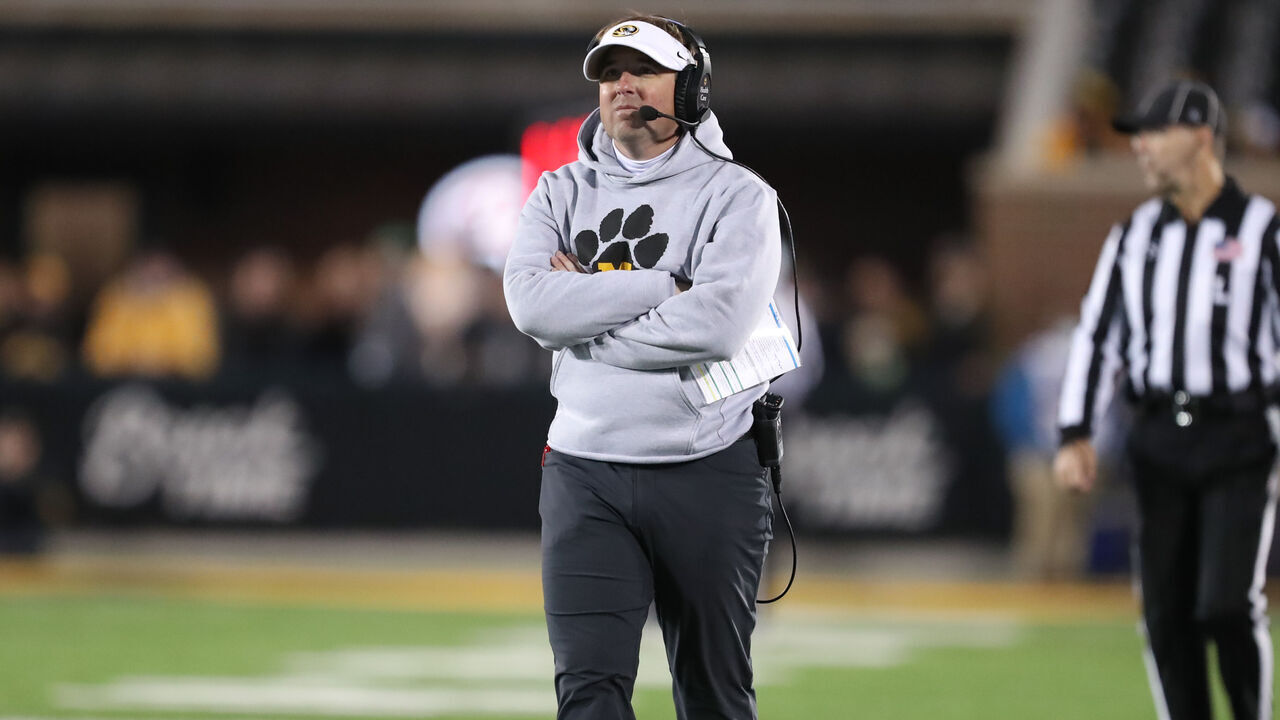 COLUMBIA, MO - NOVEMBER 13: Missouri Tigers head coach Eliah Drinkwitz in the fourth quarter of an SEC football game between the South Carolina Gamecocks and Missouri Tigers on Nov 13, 2021 at Memorial Stadium in Columbia, MO.