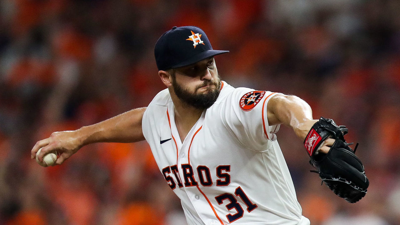 HOUSTON, TX - OCTOBER 15: Kendall Graveman #31 of the Houston Astros pitches during Game 1 of the ALCS between the Boston Red Sox and the Houston Astros at Minute Maid Park on Friday, October 15, 2021 in Houston, Texas.