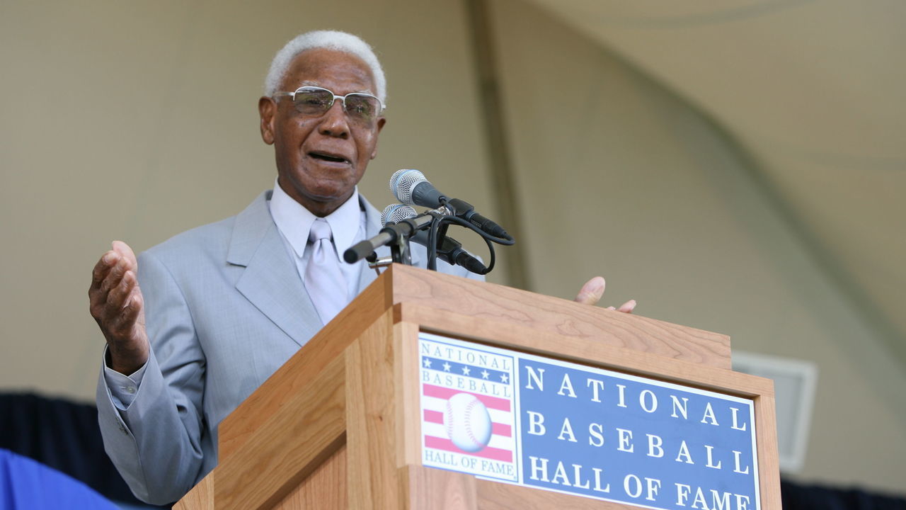 COOPERSTOWN - JULY 30: John "Buck" O'Neil speaks during the Hall of Fame Induction ceremonies at the Clark Sports Center in Cooperstown, NY on July 30, 2006.