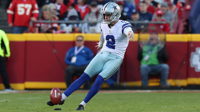 KANSAS CITY, MO - NOVEMBER 21: Dallas Cowboys kicker Greg Zuerlein (2) kicks off in the first quarter of an NFL football game between the Dallas Cowboys and Kansas City Chiefs on Nov 21, 2021 at GEHA Field at Arrowhead Stadium in Kansas City, MO.