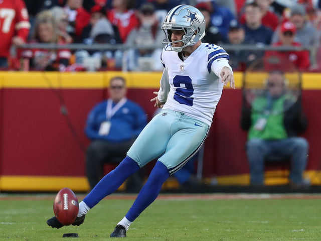 KANSAS CITY, MO - NOVEMBER 21: Dallas Cowboys kicker Greg Zuerlein (2) kicks off in the first quarter of an NFL football game between the Dallas Cowboys and Kansas City Chiefs on Nov 21, 2021 at GEHA Field at Arrowhead Stadium in Kansas City, MO.