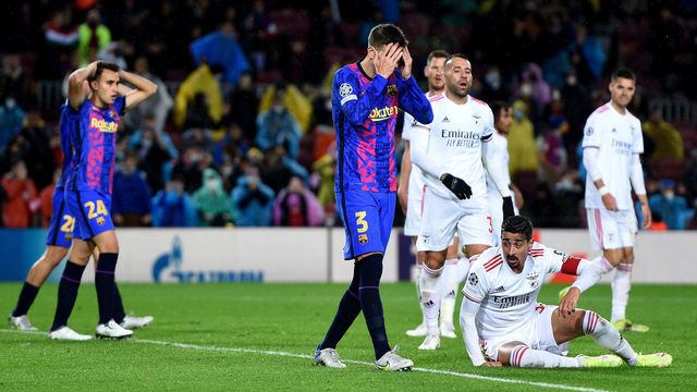 BARCELONA, SPAIN - NOVEMBER 23: Gerard Pique of FC Barcelona reacts during the UEFA Champions League group E match between FC Barcelona and SL Benfica at Camp Nou on November 23, 2021 in Barcelona, Spain.
