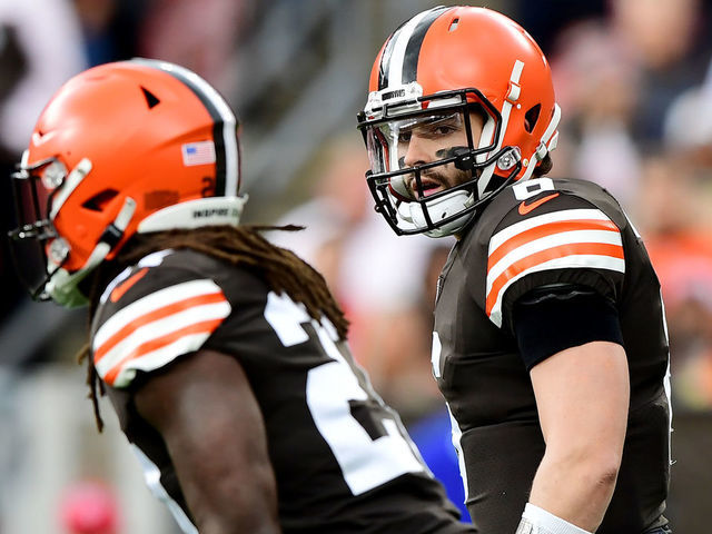 CLEVELAND, OHIO - OCTOBER 17: Baker Mayfield #6 and Kareem Hunt #27 of the Cleveland Browns prepare for the play during a game against the Arizona Cardinals at FirstEnergy Stadium on October 17, 2021 in Cleveland, Ohio.