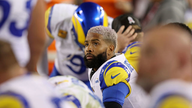 SANTA CLARA, CALIFORNIA - NOVEMBER 15: Odell Beckham Jr. #3 of the Los Angeles Rams sits on the bench during their game against the San Francisco 49ers at Levi's Stadium on November 15, 2021 in Santa Clara, California.
