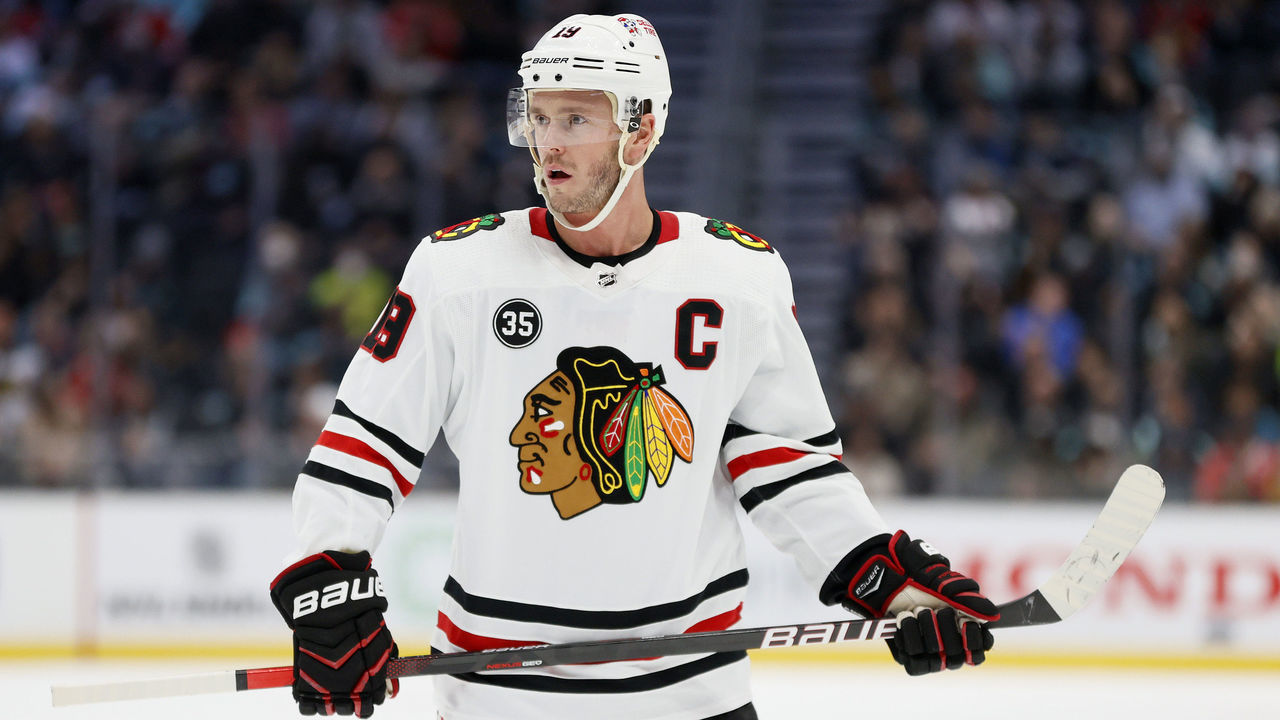 SEATTLE, WASHINGTON - NOVEMBER 17: Jonathan Toews #19 of the Chicago Blackhawks looks on against the Seattle Kraken during the first period at Climate Pledge Arena on November 17, 2021 in Seattle, Washington.