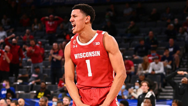 LAS VEGAS, NV - NOVEMBER 23: Wisconsin Badgers guard Johnny Davis (1) celebrates during the second round college basketball game in the Maui Invitational between the Houston Cougars and the Wisconsin Badgers on November 23, 2021, at the Michelob ULTRA Arena in Las Vegas, NV. The tournament was moved due to COVID-19.