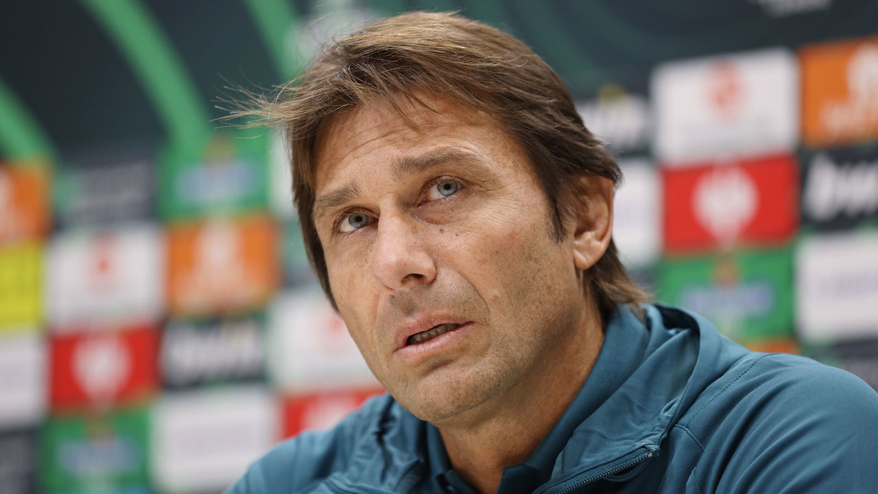 ENFIELD, ENGLAND - NOVEMBER 24: Antonio Conte, head coach of Tottenham Hotspur during the Tottenham Hotspur press conference at Tottenham Hotspur Training Centre on November 24, 2021 in Enfield, England.