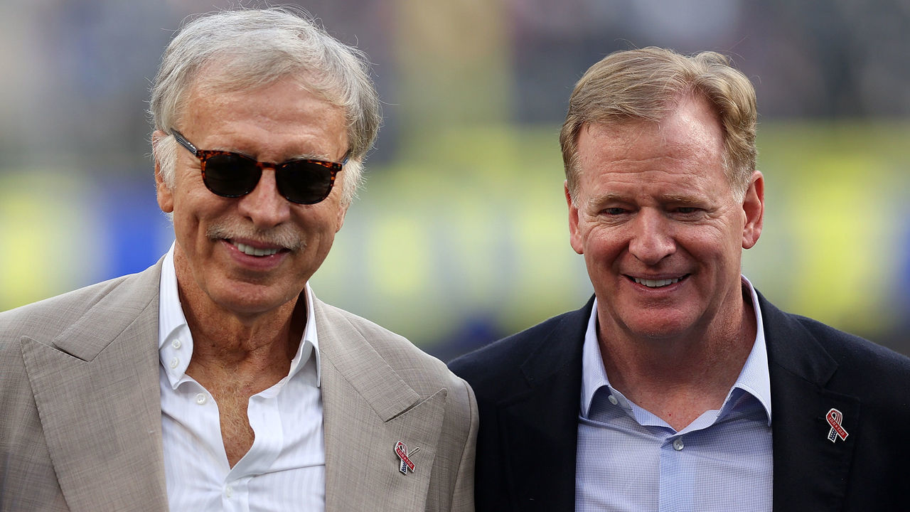 INGLEWOOD, CALIFORNIA - SEPTEMBER 12: Los Angeles Rams team owner Stan Kroenke and NFL commissioner Roger Goodell pose for a picture prior to a game against the Chicago Bears at SoFi Stadium on September 12, 2021 in Inglewood, California.