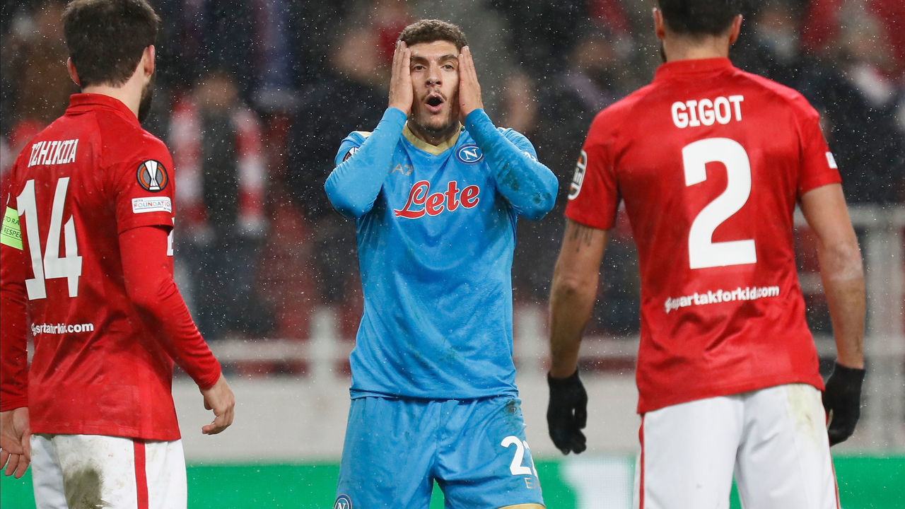 Giovanni Di Lorenzo (C) of Napoli reacts during the UEFA Europa League Group C football match between FC Spartak Moscow and SSC Napoli on November 24, 2021 at Otkritie Arena in Moscow, Russia.