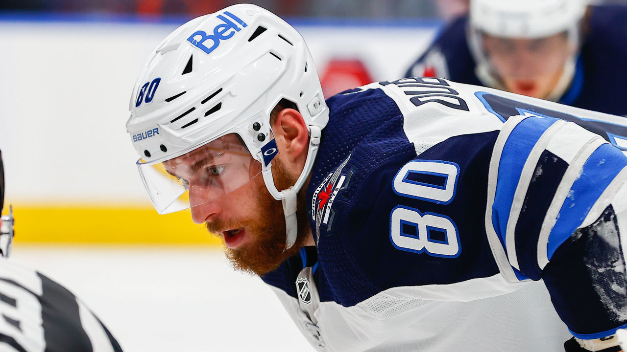 EDMONTON, AB - NOVEMBER 18: Winnipeg Jets Center Pierre-Luc Dubois (80) waits for a puck drop in the second period during the Edmonton Oilers game versus the Winnipeg Jets on November 18, 2021 at Rogers Place in Edmonton, AB.