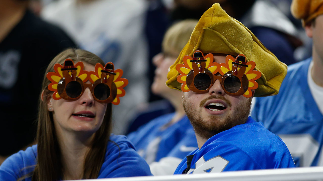DETROIT, MI - NOVEMBER 28: Fans are seen wearing Thanksgiving novelty sunglasses during a regular season game between the Chicago Bears and the Detroit Lions on November 28, 2019 at Ford Field in Detroit, Michigan.