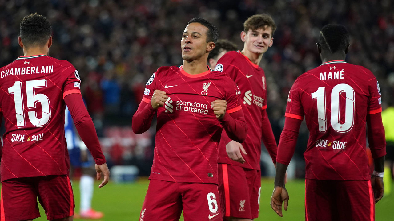 Liverpool's Thiago Alcantara (centre) celebrates scoring their side's first goal of the game during the UEFA Champions League, Group B match at Anfield, Liverpool. Picture date: Wednesday November 24, 2021.