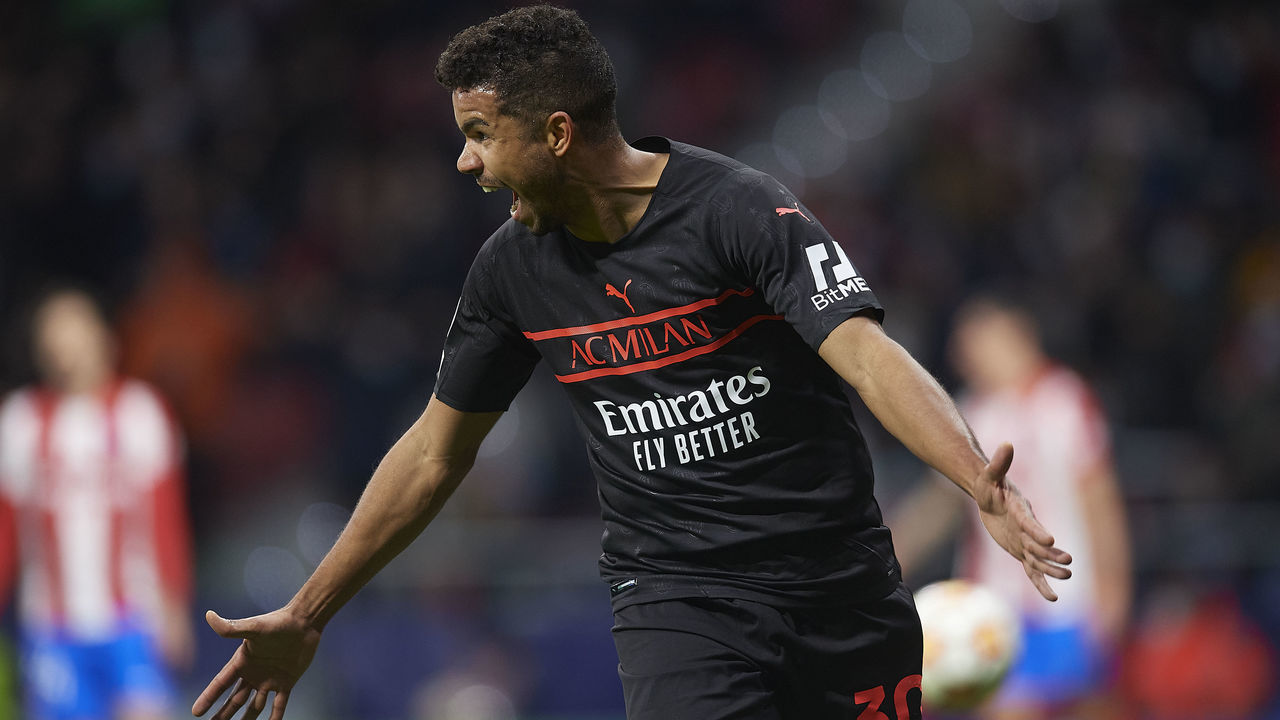 Junior Messias of Milan celebrates after scoring his sides first goal during the UEFA Champions League group B match between Atletico Madrid and AC Milan at Wanda Metropolitano on November 24, 2021 in Madrid, Spain.