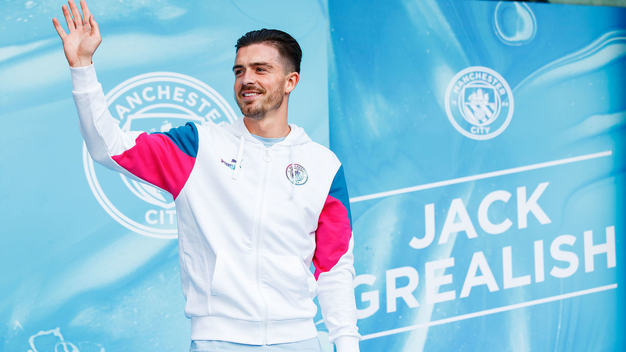 MANCHESTER, ENGLAND - AUGUST 09: Jack Grealish of Manchester City is unveiled at the Etihad Stadium on August 09, 2021 in Manchester, England.