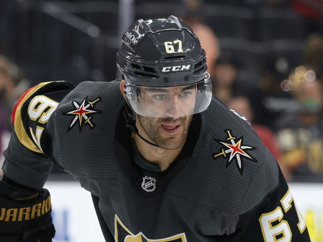 LAS VEGAS, NEVADA - OCTOBER 07: Max Pacioretty #67 of the Vegas Golden Knights waits for a faceoff in the second period of a preseason game against the Arizona Coyotes at T-Mobile Arena on October 7, 2021 in Las Vegas, Nevada. The Coyotes defeated the Golden Knights 3-1.