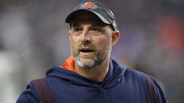 LAS VEGAS, NEVADA - OCTOBER 10: Head coach Matt Nagy of the Chicago Bears celebrates a win against the Las Vegas Raiders at Allegiant Stadium on October 10, 2021 in Las Vegas, Nevada. The Bears defeated the Raiders 20-9.