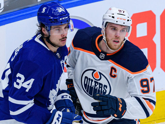 TORONTO, ON - MARCH 29: Toronto Maple Leafs Center Auston Matthews (34) and Edmonton Oilers Center Connor McDavid (97) react during the second period of the NHL regular season game between the Edmonton Oilers and the Toronto Maple Leafs on March 29, 2021, at Scotiabank Arena in Toronto, ON, Canada.