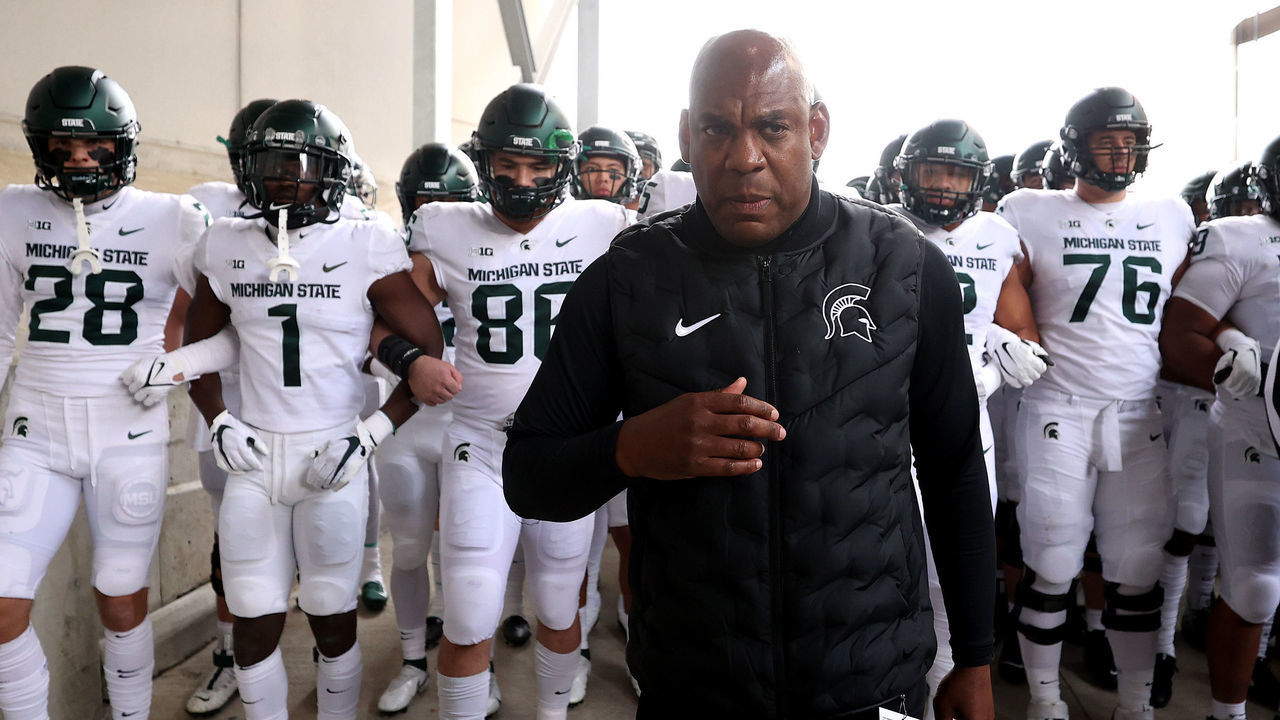 COLUMBUS, OHIO - NOVEMBER 20: Head coach Mel Tucker of the Michigan State Spartans waits walks with his players to the field to play the Ohio State Buckeyes at Ohio Stadium on November 20, 2021 in Columbus, Ohio.