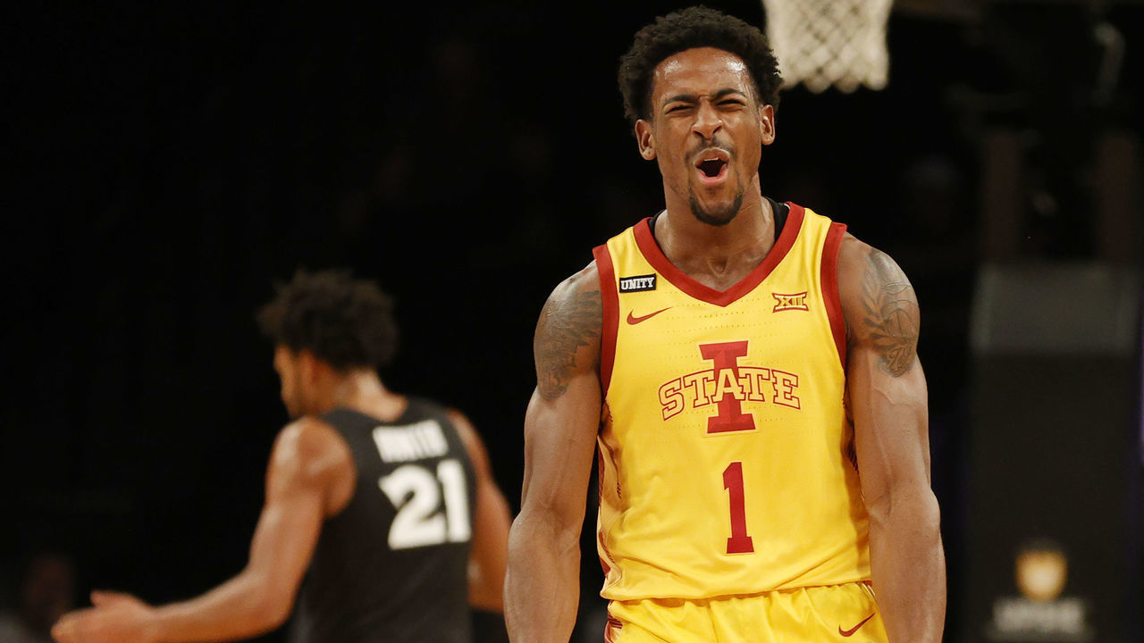 NEW YORK, NEW YORK - NOVEMBER 24: Izaiah Brockington #1 of the Iowa State Cyclones reacts during the first half against the Xavier Musketeers during the NIT Season Tip-Off tournament at Barclays Center on November 24, 2021 in the Brooklyn borough of New York City.