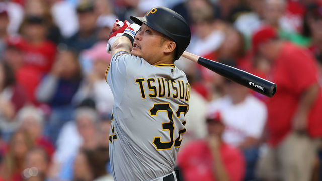 PHILADELPHIA, PA - SEPTEMBER 25: Yoshi Tsutsugo #32 of the Pittsburgh Pirates bats during the seventh inning of a game against the Philadelphia Phillies at Citizens Bank Park on September 25, 2021 in Philadelphia, Pennsylvania.