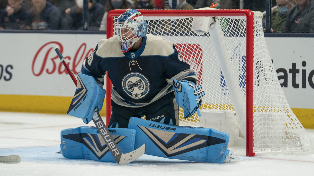 COLUMBUS, OH - NOVEMBER 24: Columbus Blue Jackets goaltender Elvis Merzlikins #90 tends net during the game between the Columbus Blue Jackets and the Winnipeg Jets at Nationwide Arena in Columbus, Ohio on November 24, 2021.