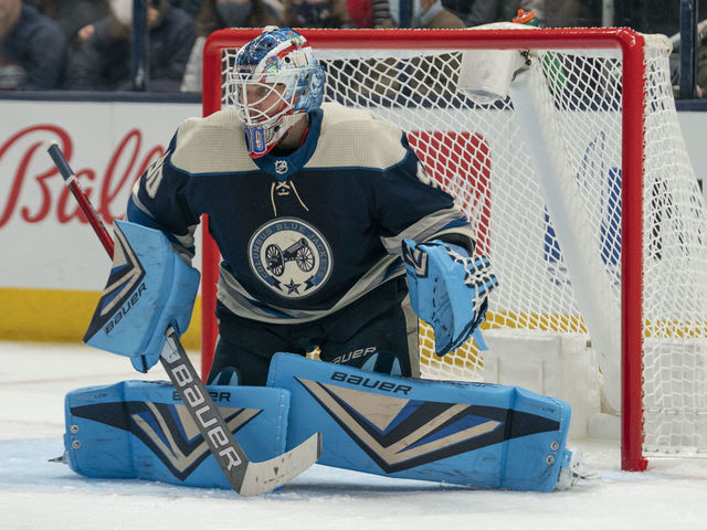 COLUMBUS, OH - NOVEMBER 24: Columbus Blue Jackets goaltender Elvis Merzlikins #90 tends net during the game between the Columbus Blue Jackets and the Winnipeg Jets at Nationwide Arena in Columbus, Ohio on November 24, 2021.