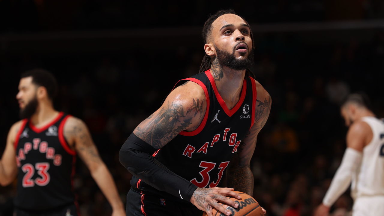 MEMPHIS, TN - NOVEMBER 24: Gary Trent Jr. #33 of the Toronto Raptors shoots a free throw against the Memphis Grizzlies on November 24, 2021 at FedExForum in Memphis, Tennessee. Mandatory Copyright Notice: Copyright 2021 NBAE