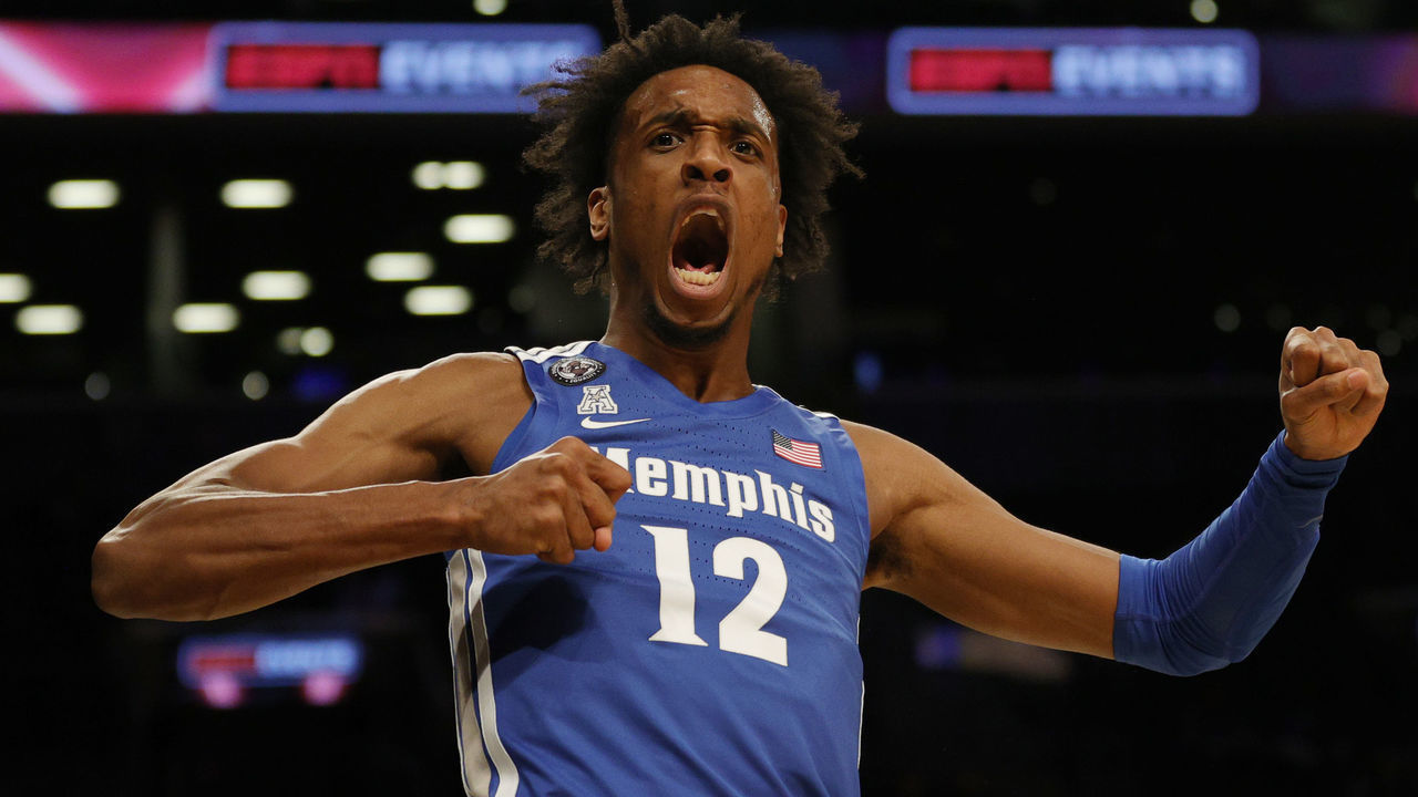 NEW YORK, NEW YORK - NOVEMBER 24: DeAndre Williams #12 of the Memphis Tigers reacts during the first half against the Virginia Tech Hokies during the NIT Season Tip-Off tournament at Barclays Center on November 24, 2021 in the Brooklyn borough of New York City.