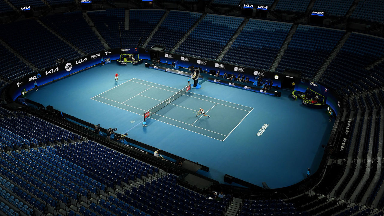 MELBOURNE, AUSTRALIA - FEBRUARY 05: A general view of Rod Laver Arena is seen with no spectators during the Group A signals match between Dusan Lajovic of Serbia and Jan-Lennard Struff of Germany during day four of the 2021 ATP Cup at Rod Laver Arena on February 05, 2021 in Melbourne, Australia.