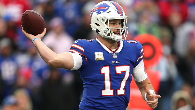 ORCHARD PARK, NEW YORK - NOVEMBER 21: Josh Allen #17 of the Buffalo Bills throws a pass in the game against the Indianapolis Colts during the first quarter at Highmark Stadium on November 21, 2021 in Orchard Park, New York.