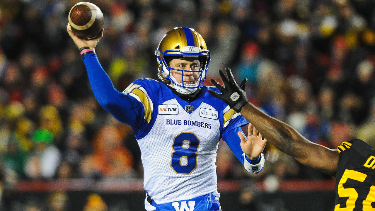 CALGARY, AB - NOVEMBER 24: Zach Collaros #8 of the Winnipeg Blue Bombers passes against the Hamilton Tiger-Cats during the 107th Grey Cup Championship Game at McMahon Stadium on November 24, 2019 in Calgary, Alberta, Canada.