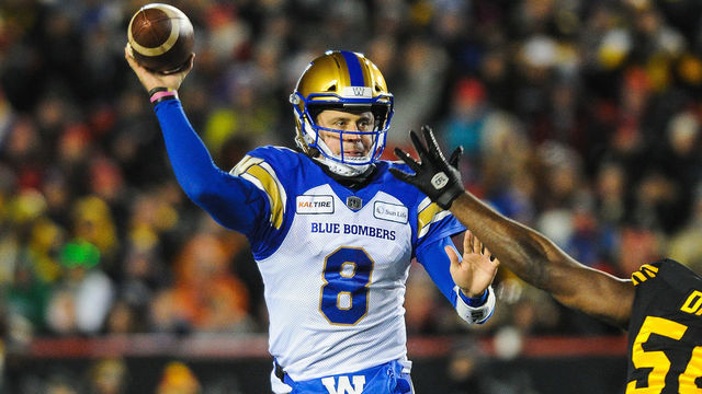 CALGARY, AB - NOVEMBER 24: Zach Collaros #8 of the Winnipeg Blue Bombers passes against the Hamilton Tiger-Cats during the 107th Grey Cup Championship Game at McMahon Stadium on November 24, 2019 in Calgary, Alberta, Canada.