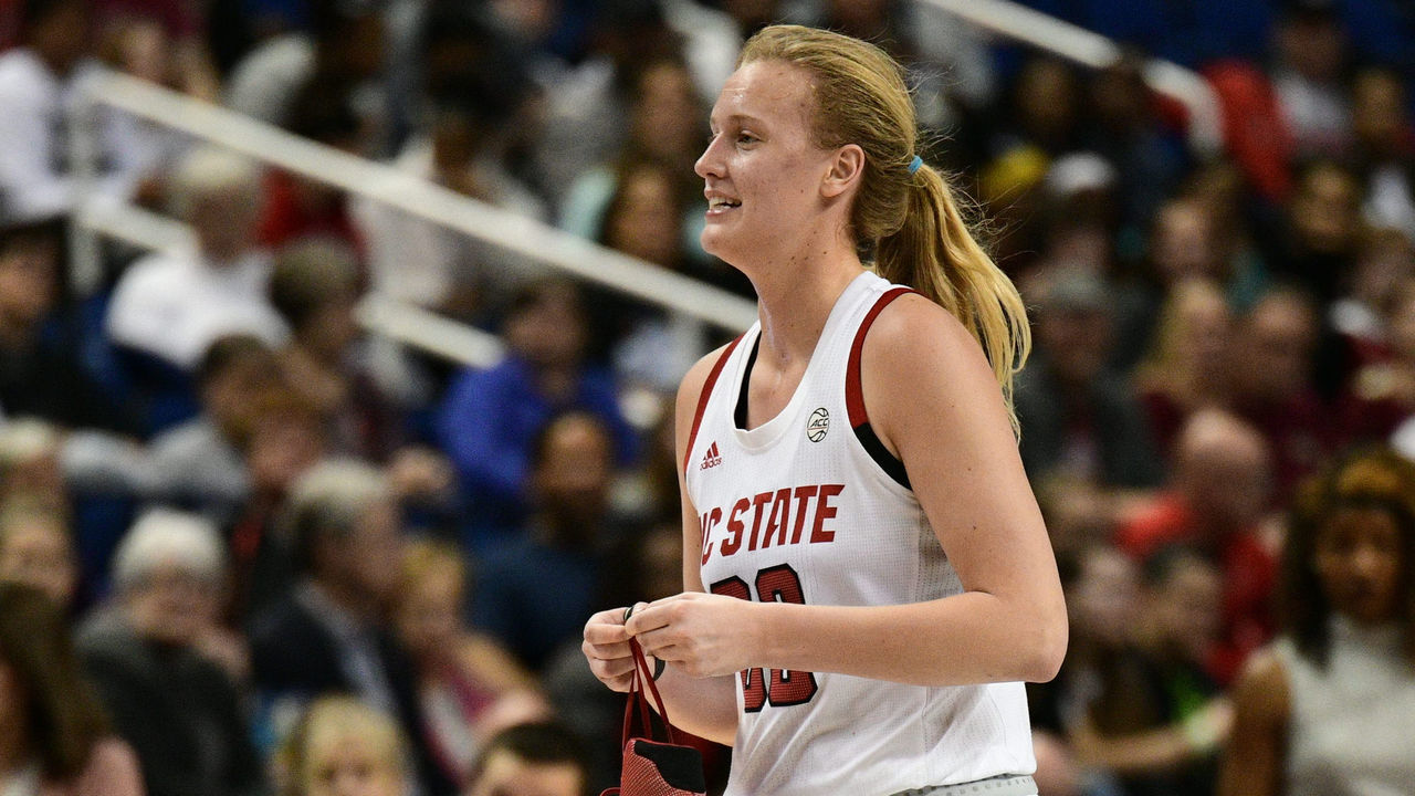 GREENSBORO, NC - MARCH 08: NC State Wolfpack center Elissa Cunane (33) loses her shoe during the ACC Women's Tournament Championship game between the Florida State Seminoles and the NC State Wolfpack at Greensboro Coliseum on March 8, 2020 in Greensboro, NC.