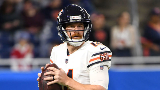 DETROIT, MICHIGAN - NOVEMBER 25: Andy Dalton #14 of the Chicago Bears warms up prior to facing the Detroit Lions at Ford Field on November 25, 2021 in Detroit, Michigan.