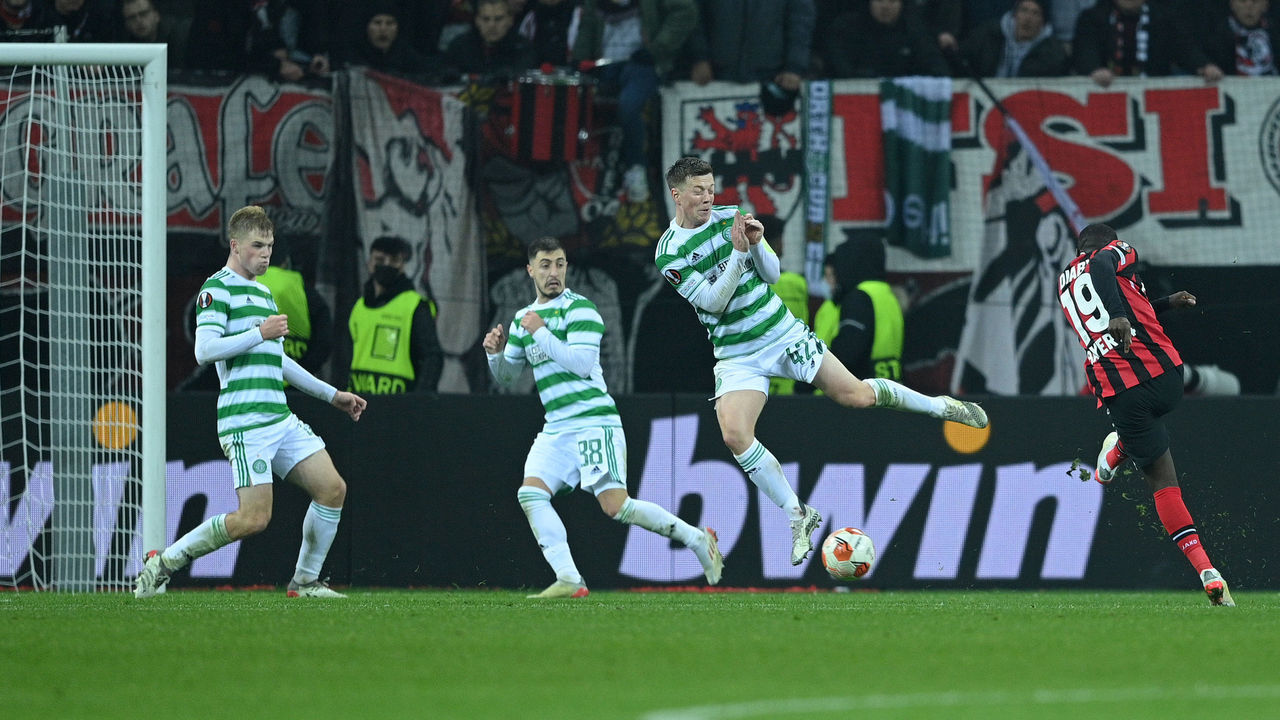LEVERKUSEN, GERMANY - NOVEMBER 25: Moussa Diaby of Bayer 04 Leverkusen scores their side's third goal during the UEFA Europa League group G match between Bayer Leverkusen and Celtic FC at BayArena on November 25, 2021 in Leverkusen, Germany.