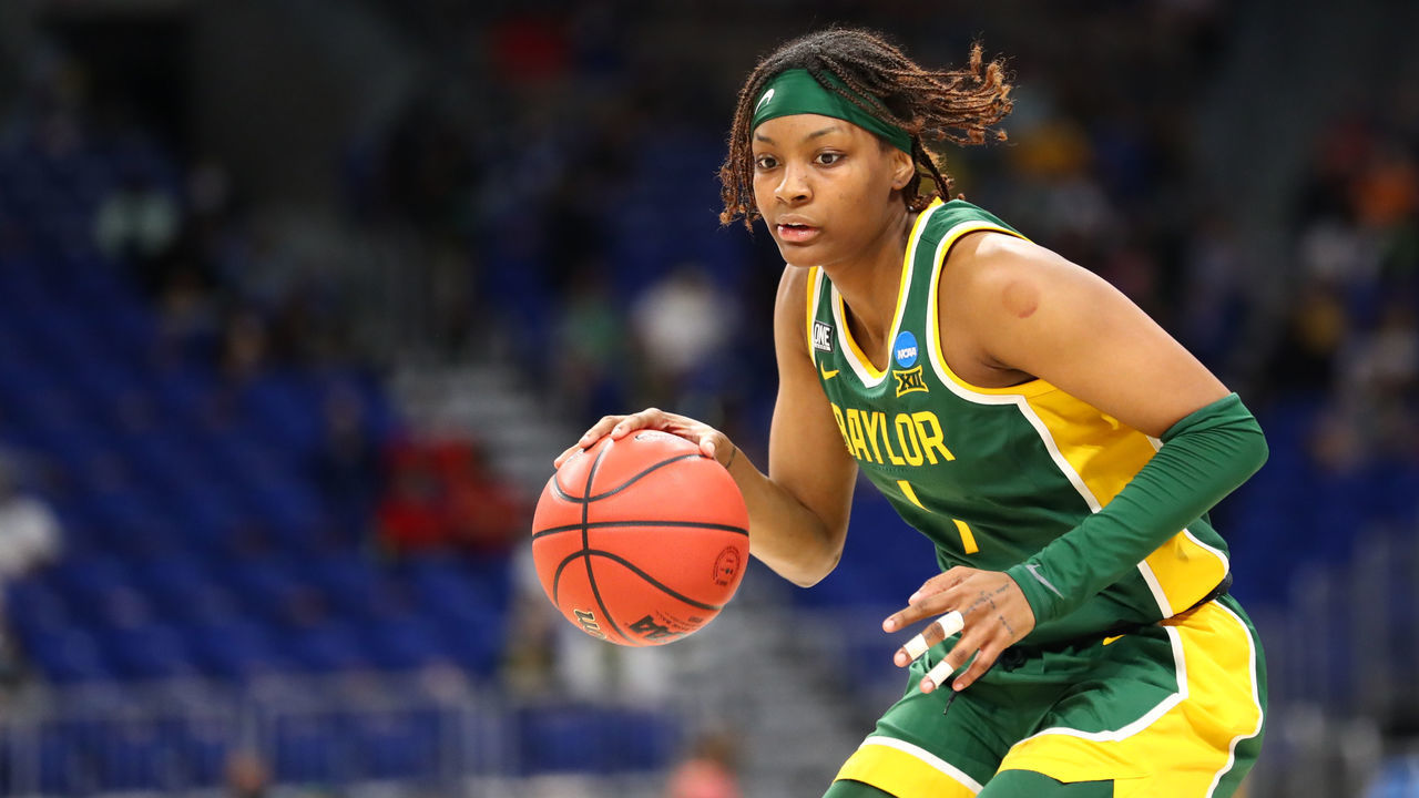 SAN ANTONIO, TX - MARCH 29: NaLyssa Smith #1 of the Baylor Lady Bears dribbles toward the basket \au]\ during the second quarter in the Elite Eight round of the 2021 NCAA Women's Basketball Tournament at Alamodome on March 29, 2021 in San Antonio, Texas.