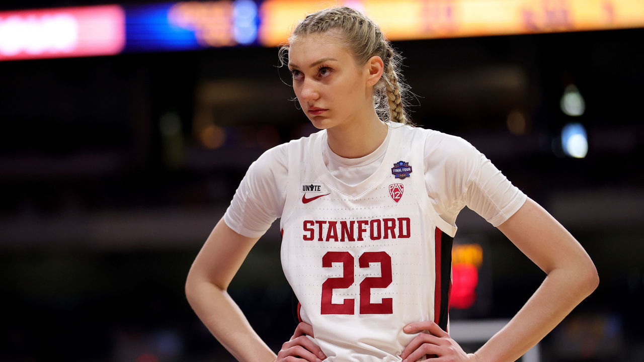 SAN ANTONIO, TEXAS - APRIL 04: Cameron Brink #22 of the Stanford Cardinals reacts against the Arizona Wildcats in the National Championship game of the 2021 NCAA Women's Basketball Tournament at the Alamodome on April 04, 2021 in San Antonio, Texas.