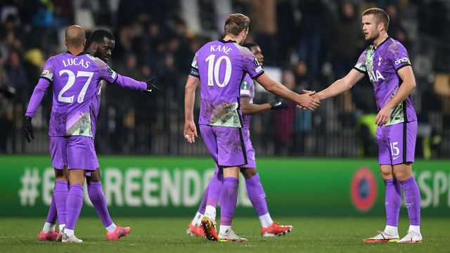 MURSKA SOBOTA, SLOVENIA - NOVEMBER 25: Harry Kane of Tottenham Hotspur celebrates with teammate Eric Dier after scoring their side's first goal during the UEFA Europa Conference League group G match between NS Mura and Tottenham Hotspur at Stadion Ljudski Vrt on November 25, 2021 in Maribor, Slovenia.