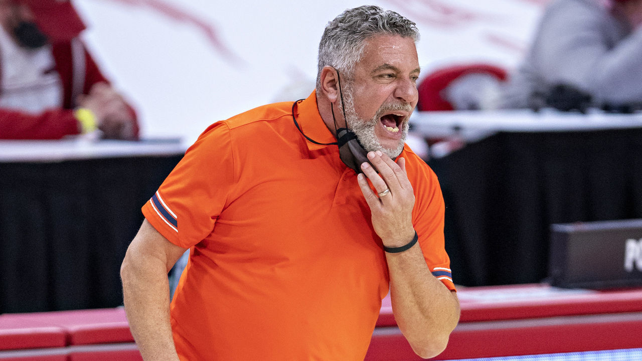 FAYETTEVILLE, ARKANSAS - JANUARY 20: Head coach Bruce Pearl of the Auburn Tigers yells at his team during a game against the Arkansas Razorbacks at Bud Walton Arena on January 20, 2021 in Fayetteville, Arkansas. The Razorbacks defeated the Tigers 75-73.