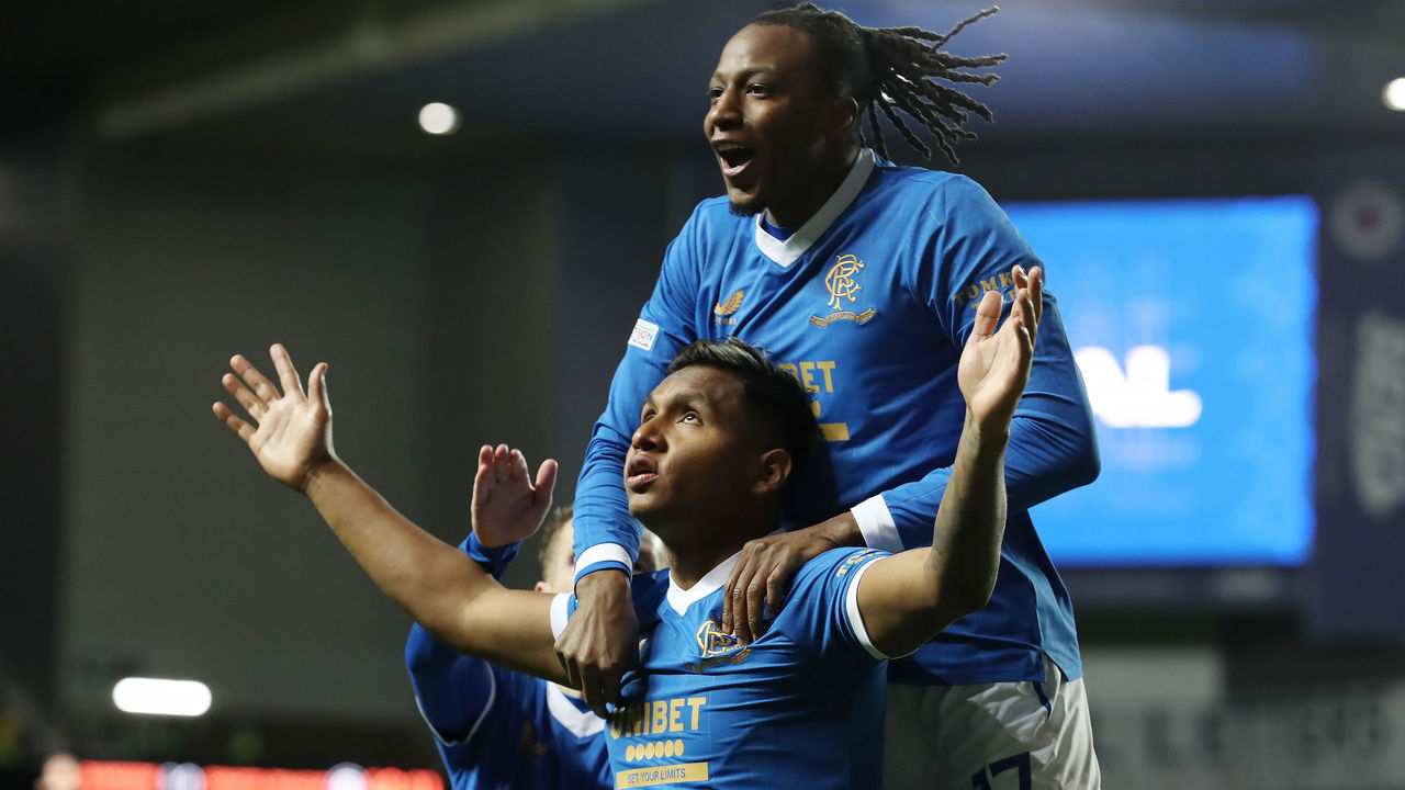 GLASGOW, SCOTLAND - NOVEMBER 25: Alfredo Morelos of Rangers celebrates scoring his second goal during the UEFA Europa League group A match between Rangers FC and Sparta Praha at Ibrox Stadium on November 25, 2021 in Glasgow, Scotland.