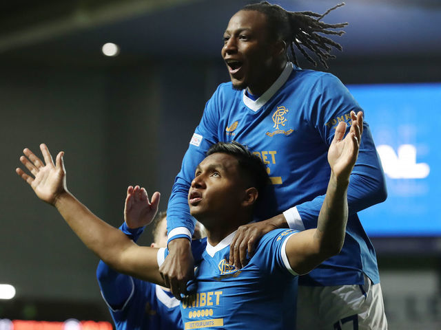 GLASGOW, SCOTLAND - NOVEMBER 25: Alfredo Morelos of Rangers celebrates scoring his second goal during the UEFA Europa League group A match between Rangers FC and Sparta Praha at Ibrox Stadium on November 25, 2021 in Glasgow, Scotland.