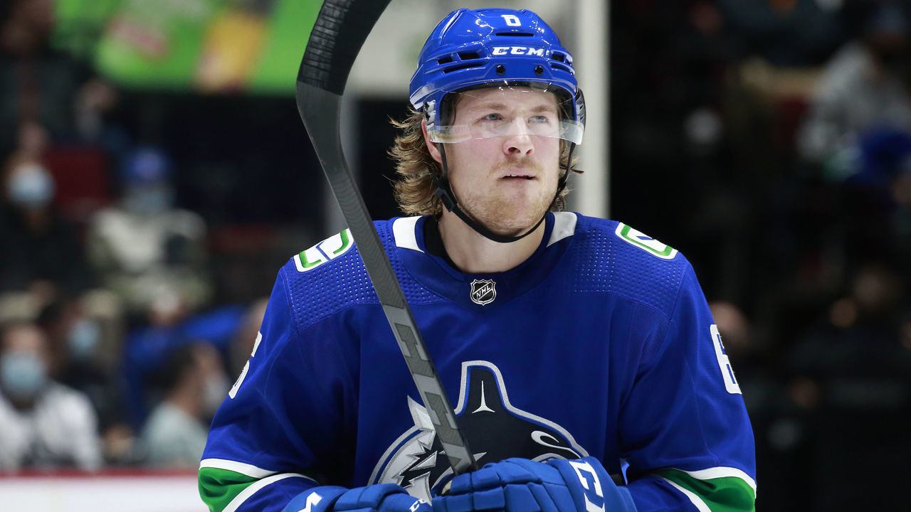 VANCOUVER, BC - NOVEMBER 17: Brock Boeser #6 of the Vancouver Canucks skates up ice during their NHL game against the Colorado Avalanche at Rogers Arena November 17, 2021 in Vancouver, British Columbia, Canada. "n