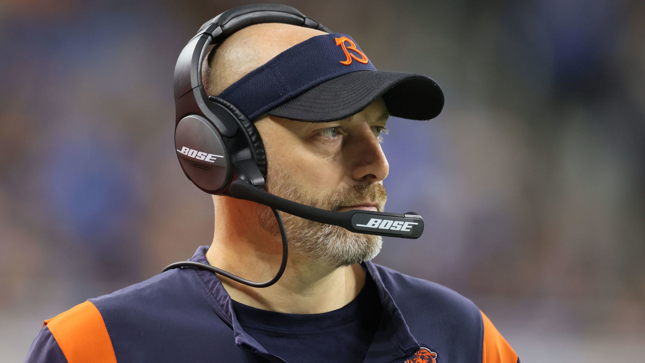 Chicago Bears head coach Matt Nagy looks on the from the sidelines during an NFL football game between the Detroit Lions and the Chicago Bears in Detroit, Michigan USA, on Thursday, November 26, 2021.