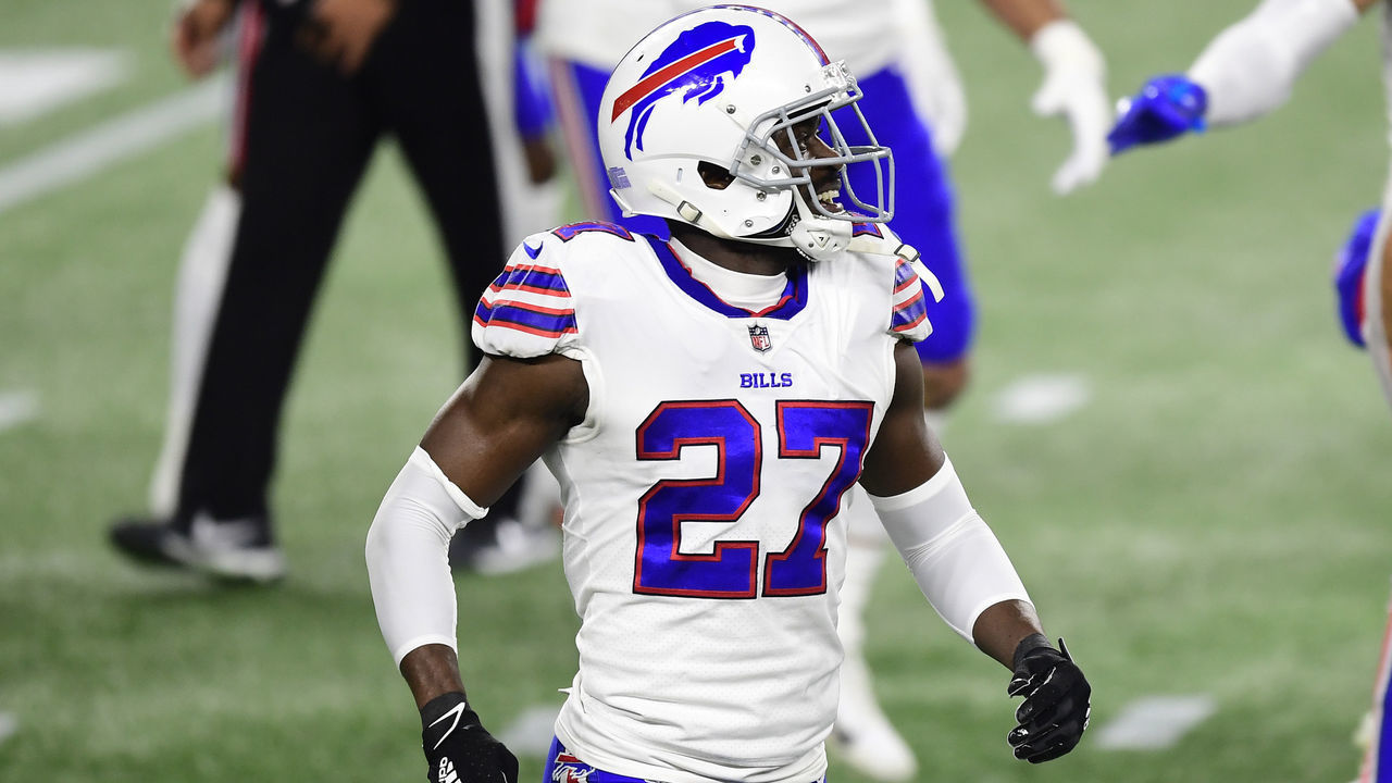 FOXBOROUGH, MA - DECEMBER 28: Tre'Davious White #27 of the Buffalo Bills reacts during the second half of a game against the New England Patriots at Gillette Stadium on December 28, 2020 in Foxborough, Massachusetts.