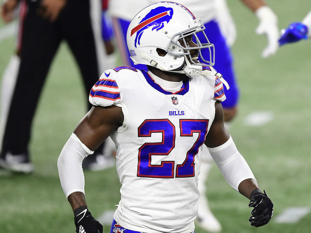 FOXBOROUGH, MA - DECEMBER 28: Tre'Davious White #27 of the Buffalo Bills reacts during the second half of a game against the New England Patriots at Gillette Stadium on December 28, 2020 in Foxborough, Massachusetts.