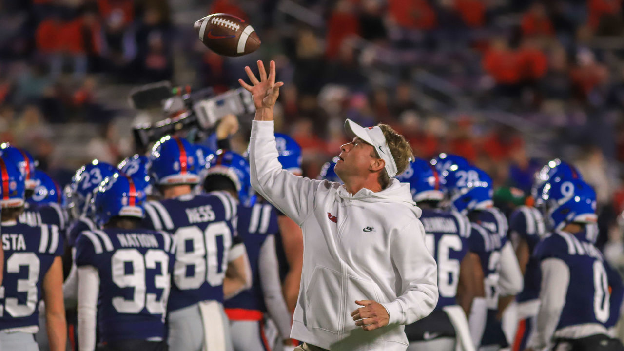 OXFORD, MS - NOVEMBER 20: Ole Miss Rebels head coach Lane Kiffin catches a ball before the game between the Ole Miss Rebels and the Vanderbilt Commodores on November 20, 2021, Vaught-Hemingway Stadium in Oxford, Ms.