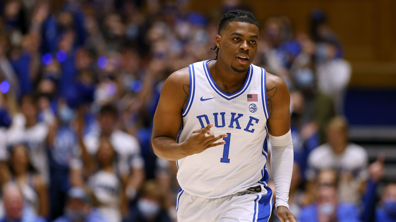 DURHAM, NORTH CAROLINA - NOVEMBER 16: Trevor Keels #1 of the Duke Blue Devils reacts after making a three-point basket against the Gardner Webb Runnin' Bulldogs during the first half of their game at Cameron Indoor Stadium on November 16, 2021 in Durham, North Carolina.
