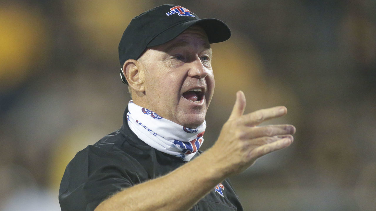 HATTIESBURG, MS - SEPTEMBER 19: Louisiana Tech Bulldogs head coach Skip Holtz during the game between the Southern Miss Golden Eagles and the Louisiana Tech Bulldogs on September 19, 2020, at M.M. Roberts Stadium in Hattiesburg, MS.